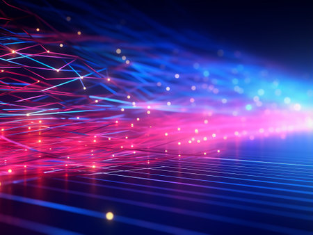 Futuristic technology wave background with glowing lines and bokehの写真素材