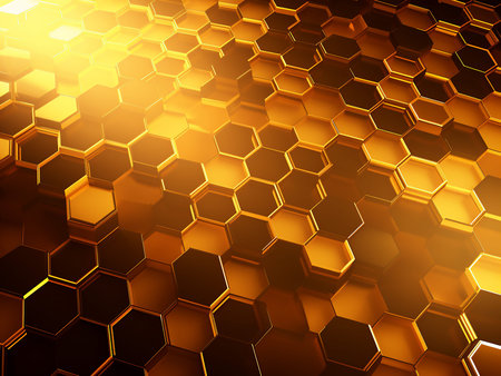 Abstract gold hexagon background. 3d render illustration with depth of field
