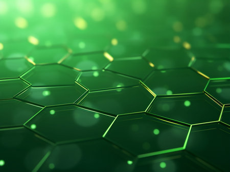 3d rendering of abstract green hexagon background with bokeh lights