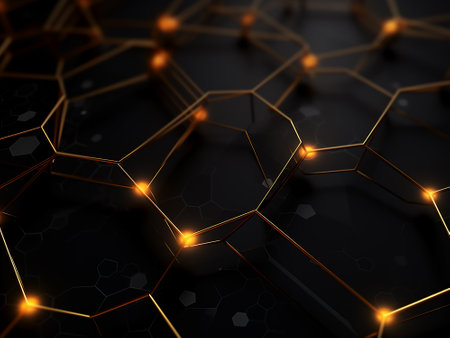 Abstract 3d rendering of hexagonal structure with glowing particles. Futuristic background.の素材