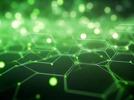 Abstract green technology background with hexagons and glowing lights. 3D renderingの素材