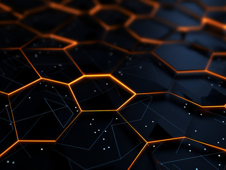 Abstract technology background with hexagons and glowing lines. 3d renderの写真素材