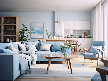 Interior of modern living room with white walls, wooden floor, blue sofa with blue cushions and...
