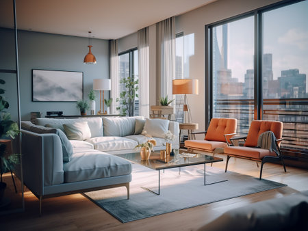 Luxury living room interior with a panoramic window overlooking the city. 3D Renderingの写真素材