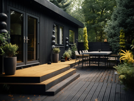 Outdoor patio with wooden terrace, table and chairs in the gardenの写真素材