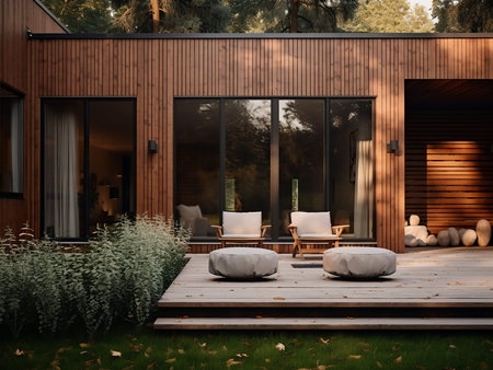 Wooden terrace with chairs in the garden. 3d rendering