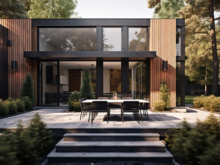 3d rendering of modern cozy house with parking and pool for sale or rent with wood plank facade....