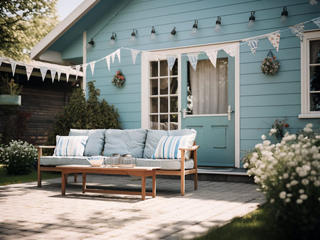 Beautiful terrace with blue wooden furniture in summer garden. Vintage style