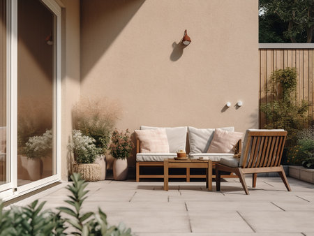 3d rendering of a terrace with a sofa and a tableの写真素材