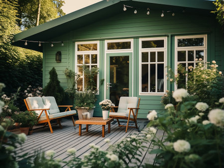 Wooden terrace with chairs and tables in the summer garden.の写真素材