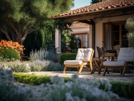 Luxury garden with wooden chairs and table in front of houseの写真素材