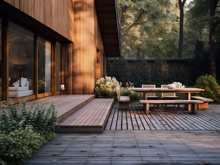 Outdoor terrace with wooden furniture in the garden. 3d renderingの写真素材