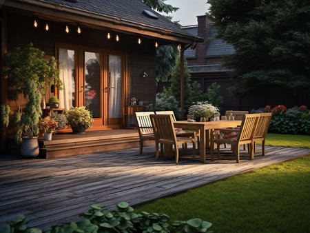 Wooden terrace with chairs and table in the garden. Evening