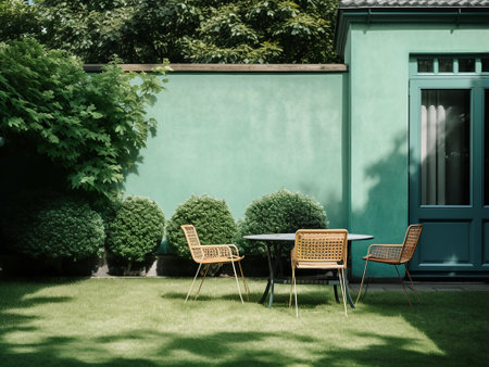 Table and chairs in a garden with green wall and green grass.の写真素材