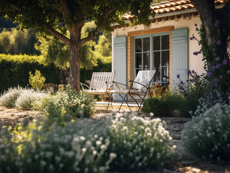 Luxury garden with chair and flower bed in front of houseの写真素材