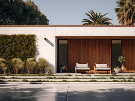 Modern house exterior with garden and outdoor terrace, 3d renderingの写真素材