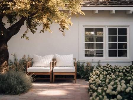 Sofa in the backyard of the house with a beautiful garden