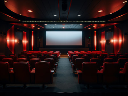 Empty cinema auditorium with red seats and white screen. 3d renderingの写真素材