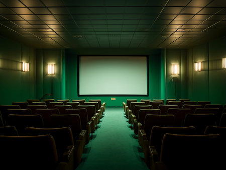 Empty cinema auditorium with green seats and white screen. 3D rendering