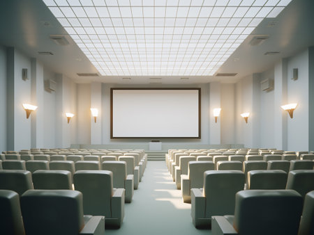 Cinema auditorium with seats and blank whiteboard. 3D Renderingの写真素材