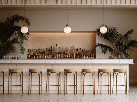 Interior of modern bar with white walls, concrete floor, bar counter with stools and wooden chairs....