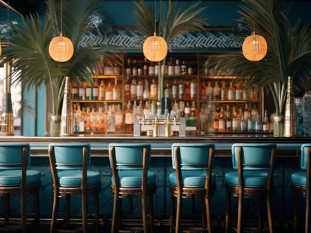 Empty bar counter with blue chairs and bottles in the background. Toned.の写真素材