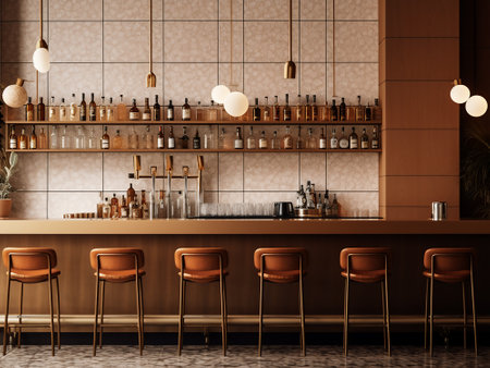 Interior of modern bar with brown walls, concrete floor, brown bar counter and brown bar chairs. 3d renderingの写真素材