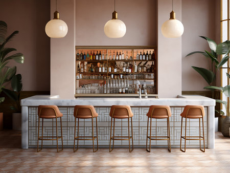 Interior of a modern bar with beige walls, concrete floor and white bar counter with stools. 3d renderingの写真素材