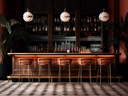Interior of modern bar with dark red walls, concrete floor, dark brown wooden bar counter with...