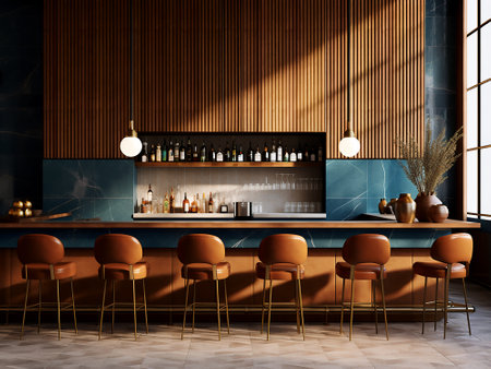 Interior of modern bar with brown wooden walls, tiled floor, concrete floor and bar counter with brown stools. 3d renderingの写真素材