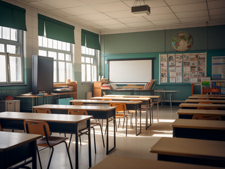 Classroom interior with empty whiteboard, tables and chairs. 3D Renderingの写真素材