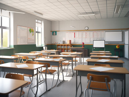 Classroom interior with empty desks and chairs. 3d render.の写真素材