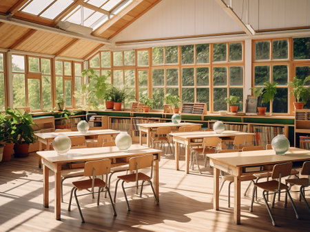 Interior of a modern cafe with tables, chairs and decorative plantsの写真素材