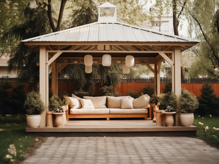 Wooden gazebo in the courtyard of a country houseの写真素材