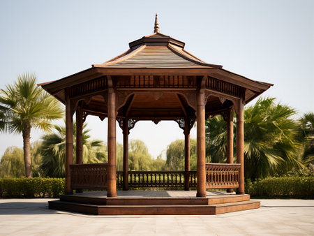 Wooden gazebo in the garden with palm trees in the backgroundの写真素材