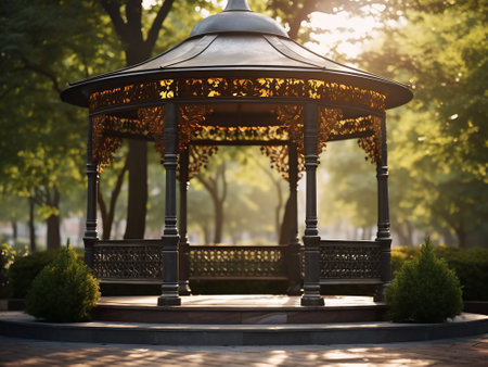 Beautiful gazebo in the park at sunset, closeupの写真素材