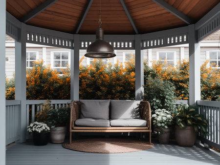 Wooden terrace with a sofa and flowers. 3d rendering