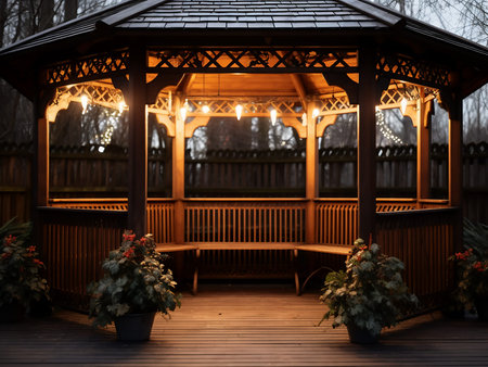 Wooden gazebo in the winter park at night.の写真素材