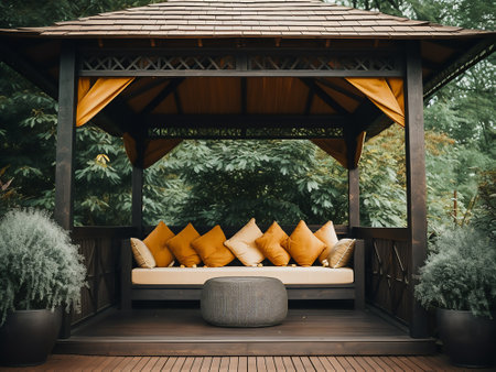 wooden gazebo with cushions on the terraceの写真素材