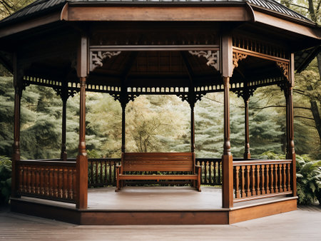 Wooden gazebo in the park with trees in the backgroundの写真素材