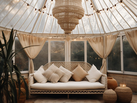 Interior of a rustic gazebo with pillowsの写真素材