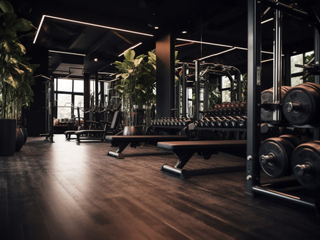 Interior of a modern fitness club with dark wooden walls and floor.の写真素材