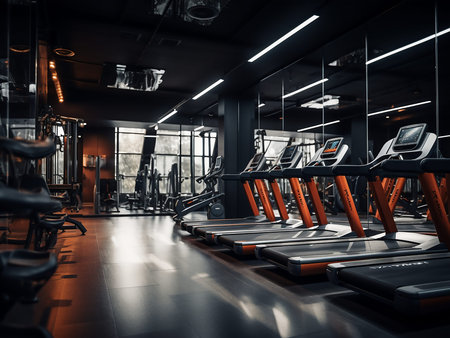 Interior of a modern fitness hall. Treadmill machine.