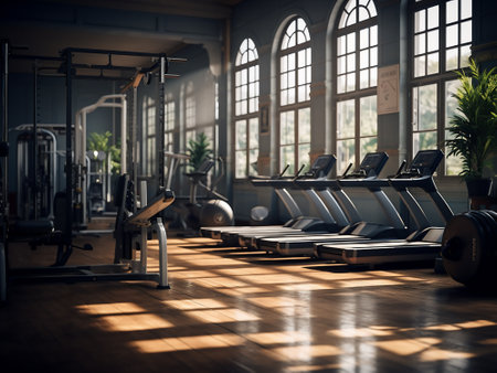 Interior of a modern fitness hall with gym equipment. Toned imageの写真素材