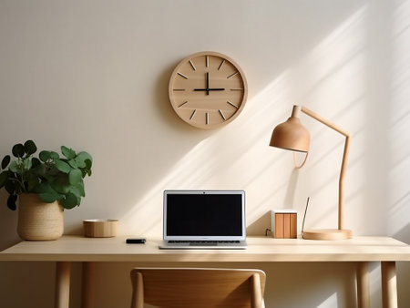Modern workplace with laptop on table near wall with clock. Mock upの写真素材