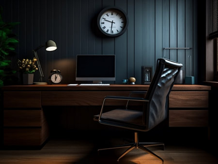 Workplace with a computer on a wooden desk. 3d rendering.の写真素材