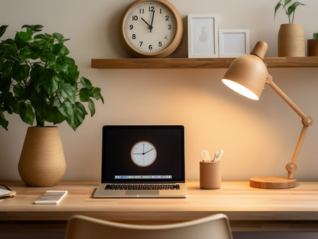 Modern workplace with laptop and stationery on wooden table. Mock up