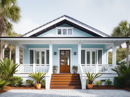 Beautiful blue house with a balcony and wooden door. Nobody insideの写真素材