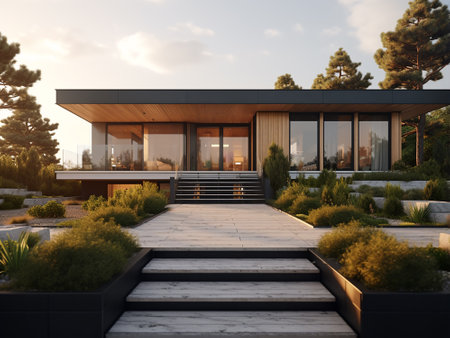 3d rendering of modern cozy house with pool and parking for sale or rent with wood plank facade.の写真素材