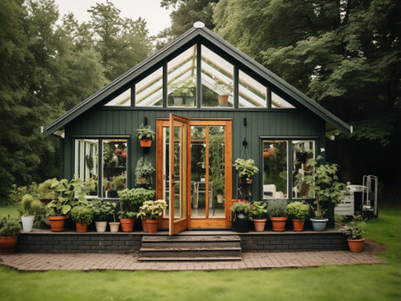 Beautiful green house in the garden with plants. Vintage style.の写真素材
